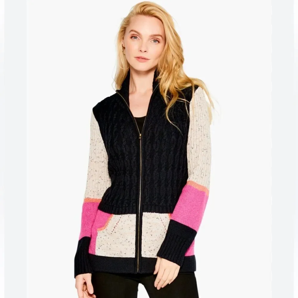 Nic & Zoe Fireside Zip Up Cardigan. Navy, Pink & Cream. Size XS. Great Condition